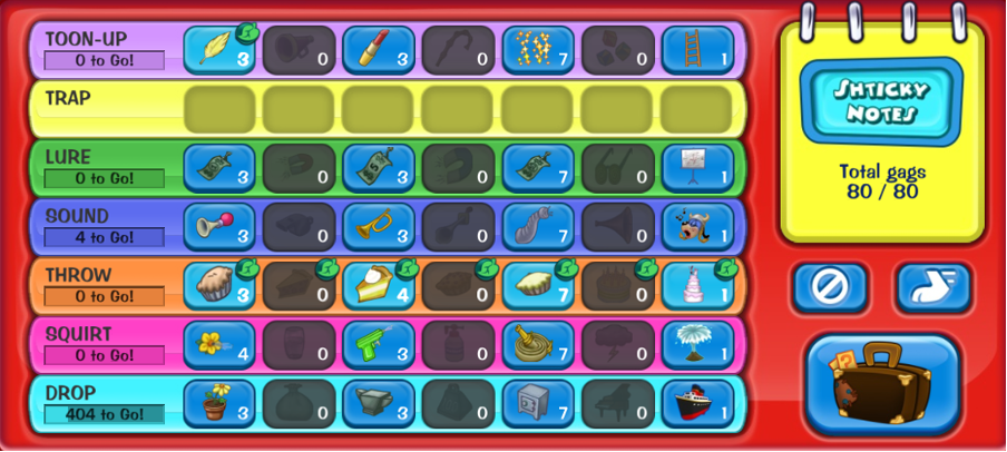 Image: A gag selection screen where the Toon only has Level 1, 3, 5, and 7 gags.