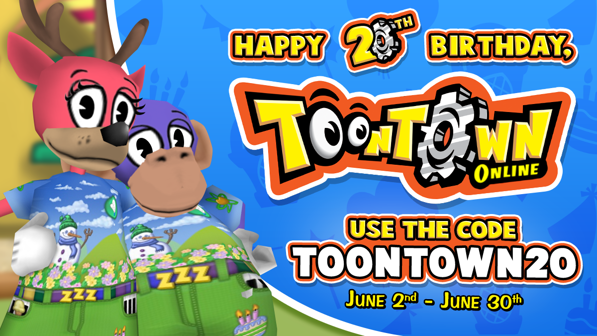A deer and monkey Toon show off their new 20 Years of Toontown outfit!
