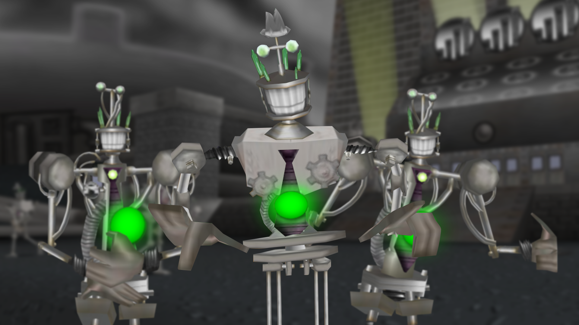 Three Skelecogs posing in the middle of Sellbot HQ.