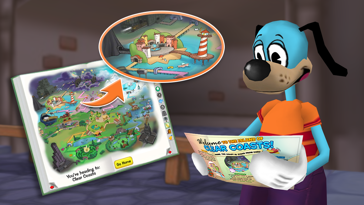 Flippy reading the Clear Coasts brochure in front of Donald's Dreamland's "Under Construction" tunnel.