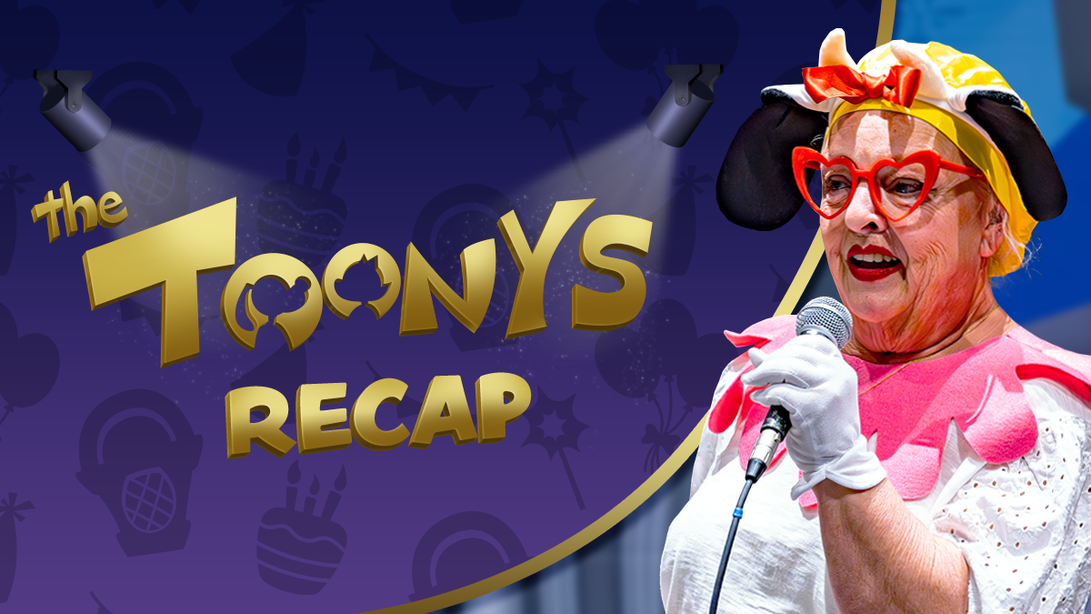Grandma cosplaying as Clarabelle Cow next to the text "Toony's Recap".