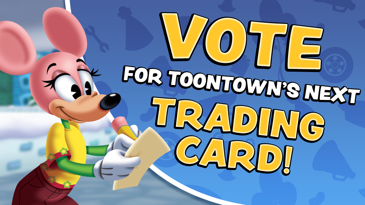 A mouse drawing on a piece paper next to the text "Vote for Toontown's next Trading Card!"