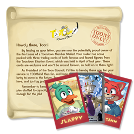 Slappy, Director of Ambush Marketing, and Alec Tinn Trading Cards with a Toon Council certificate from the 2015 Toontown Member Mailer.