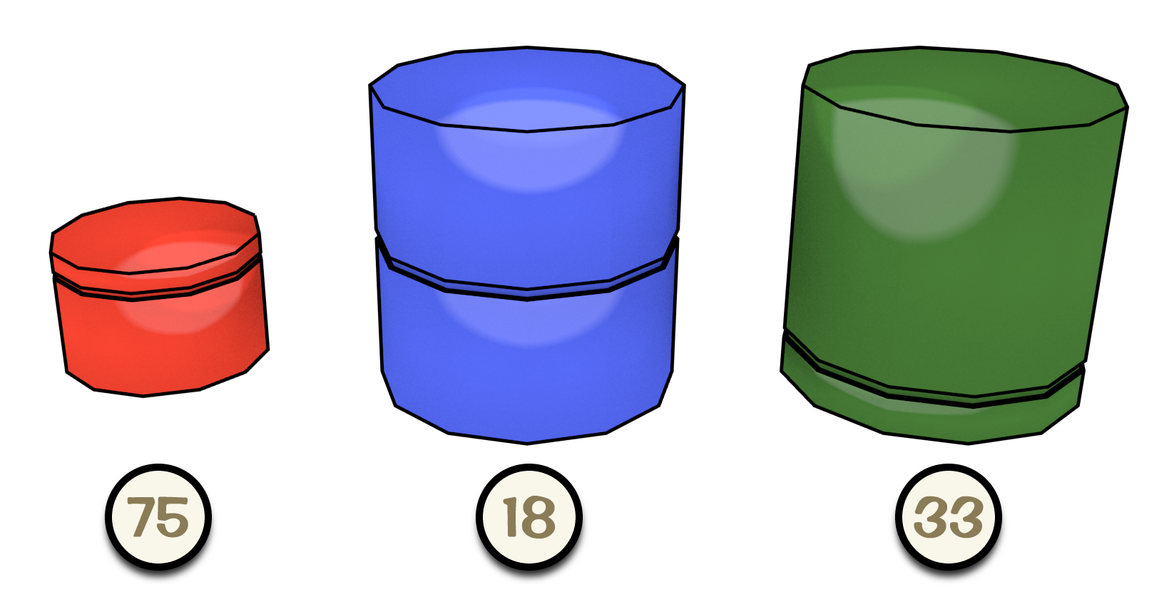Three differently sized and colored containers.
