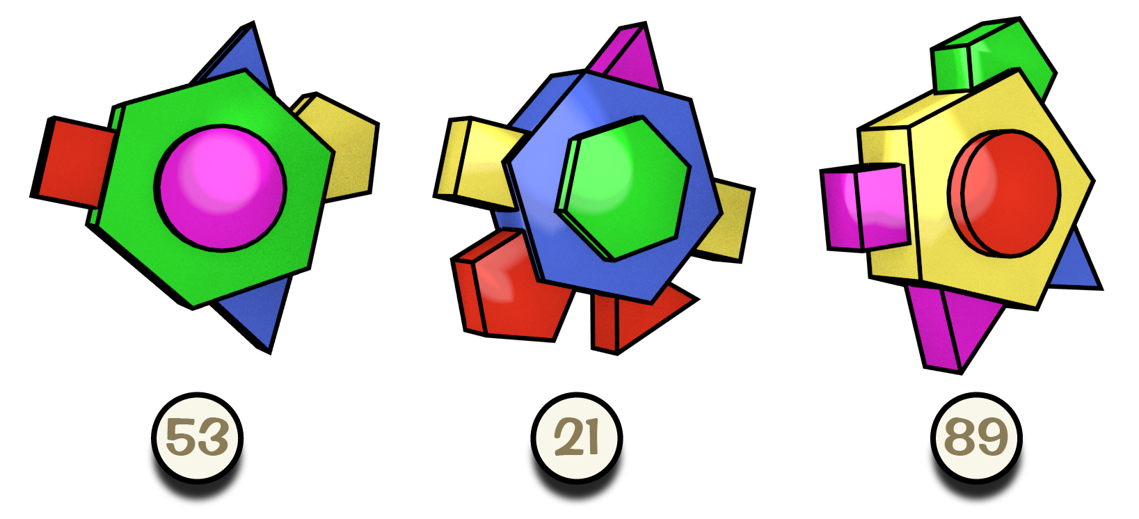 Three vibrantly colored spare parts consisted of basic shapes.